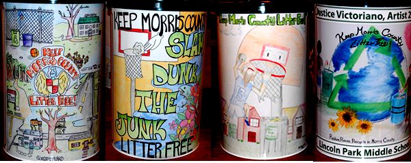 Image of 2 recycling containers with paintings of the 4 Slam Dunk the Junk winners.