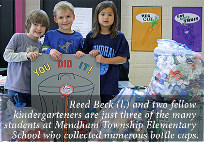 Reed Beck (l.) and two fellow kindergarteners are just three of the many students at Mendham Township Elementary School who collected numerous bottle caps.