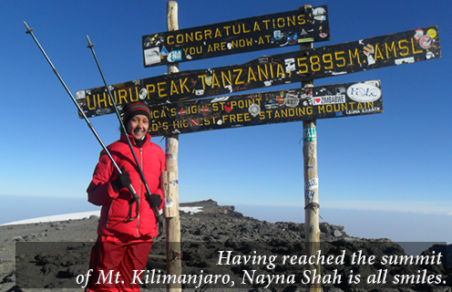 Having reached the summit of Mt. Kilimanjaro, Nayna Shah is all smiles.